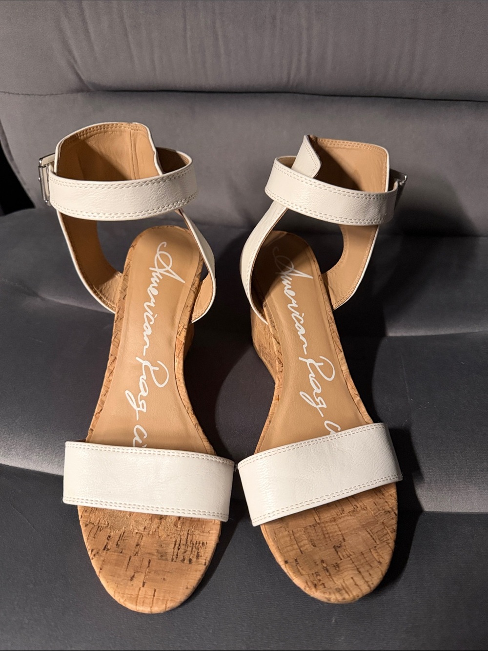 American Rag White Ankle-Strap Cork Wedge Sandals size 8.5